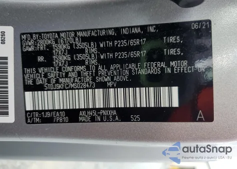 2021 Toyota Sienna Xle из США, поврежденный, VIN 5TDJSKFC7MS028473